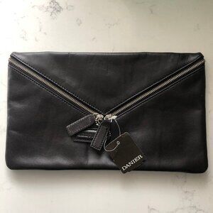 Danier Sleek Design Front Zip Leather Clutch Bag Chocolate Brown Sz OS NWT